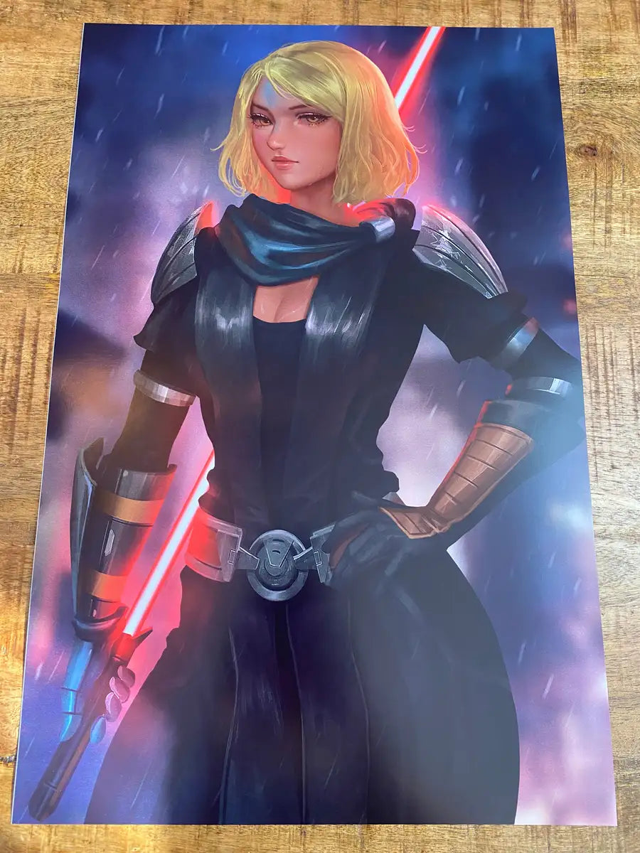 11x17 anime-style print of Lana Beniko – calm Sith pose with cloak, golden eyes, and focused dark energy.