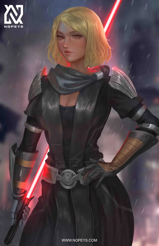 anime-style print of Lana Beniko – calm Sith pose with cloak, golden eyes, and focused dark energy.