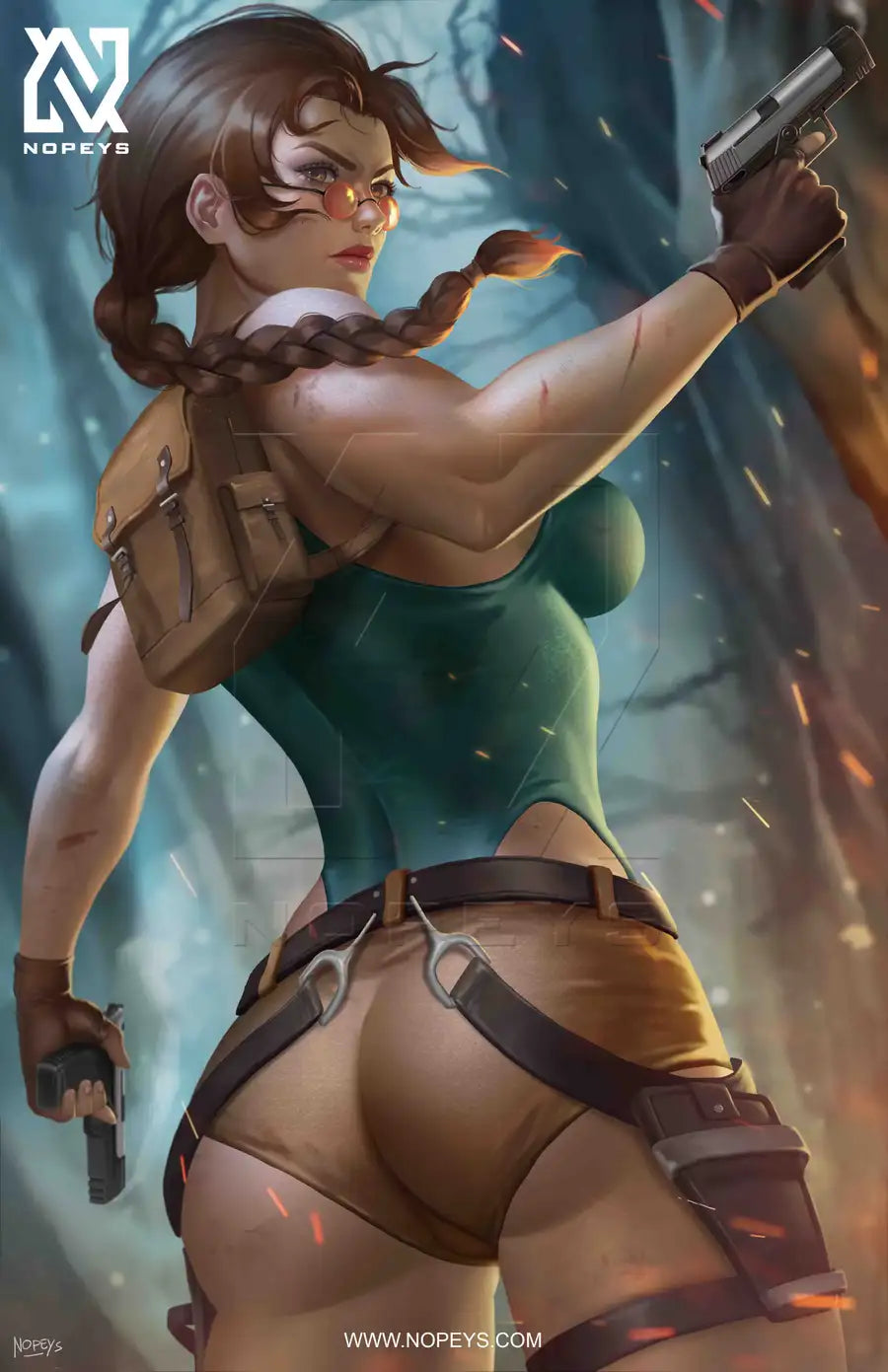 anime-style print of Lara Croft – twin pistols drawn, braid flowing, and ready for danger.