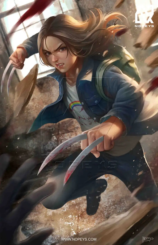 anime-style print of Lara (X-23) – claws extended, mid-attack with intense feral expression.