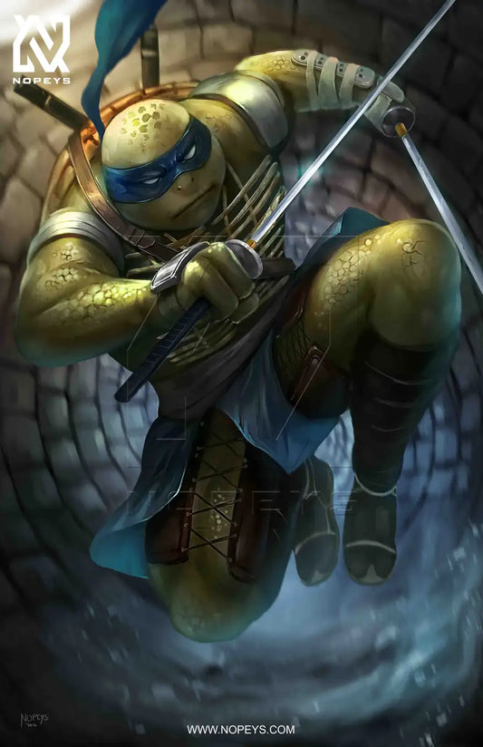 anime-style print of Leonardo – blue mask, twin katanas drawn, tactical stance and calm power.