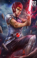 anime-style print of Lion-O – Sword of Omens raised, roaring with energy and heroic stance.