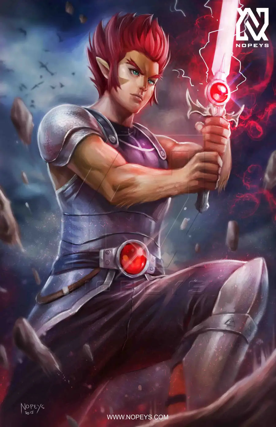 anime-style print of Lion-O – Sword of Omens raised, roaring with energy and heroic stance.