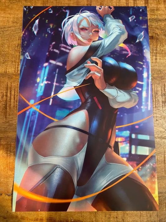  11x17 anime-style print of Lucy from Cyberpunk – gliding through Night City with glowing wires and icy calm.
