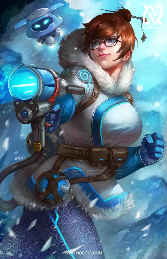 anime-style print of Mei – mid-action with Snowball and blaster charged in icy motion.