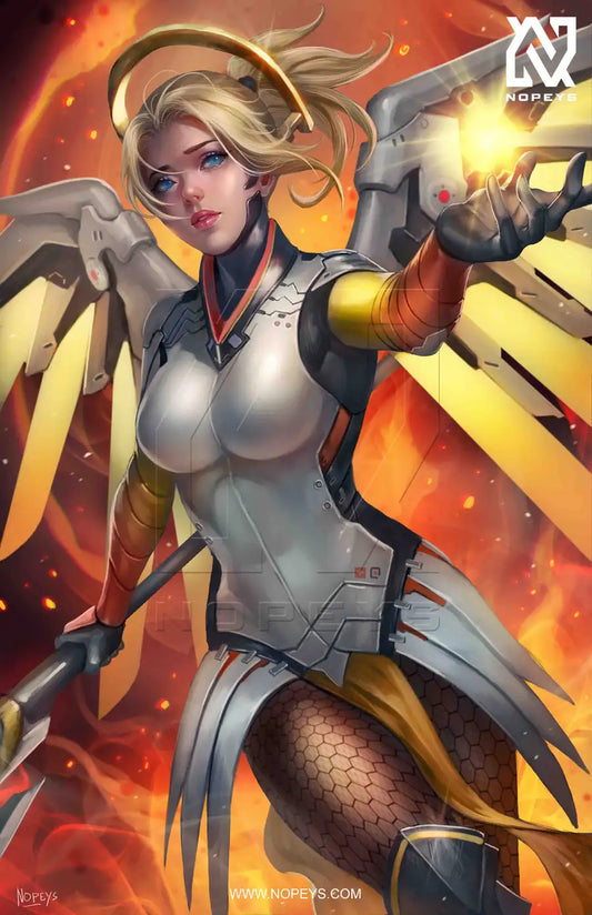anime-style print of Mercy – mid-flight with glowing wings and staff, calm and radiant.