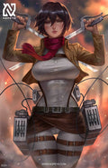 anime-style print of Mikasa Ackerman – standing firm with twin blades and Survey Corps cape flowing.