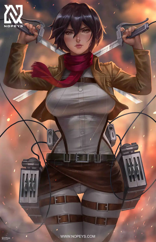 anime-style print of Mikasa Ackerman – standing firm with twin blades and Survey Corps cape flowing.
