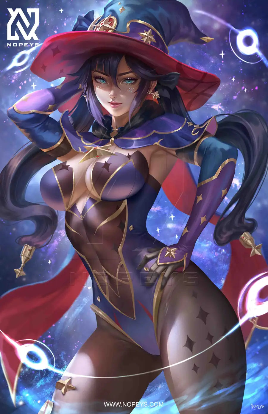 anime-style print of Mona Megistus – celestial-themed pose with magic and confidence from Genshin Impact.