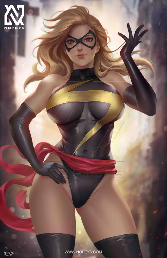  anime-style print of Ms. Marvel – Kamala Khan mid-leap with glowing embiggened fist and bold lightning style.