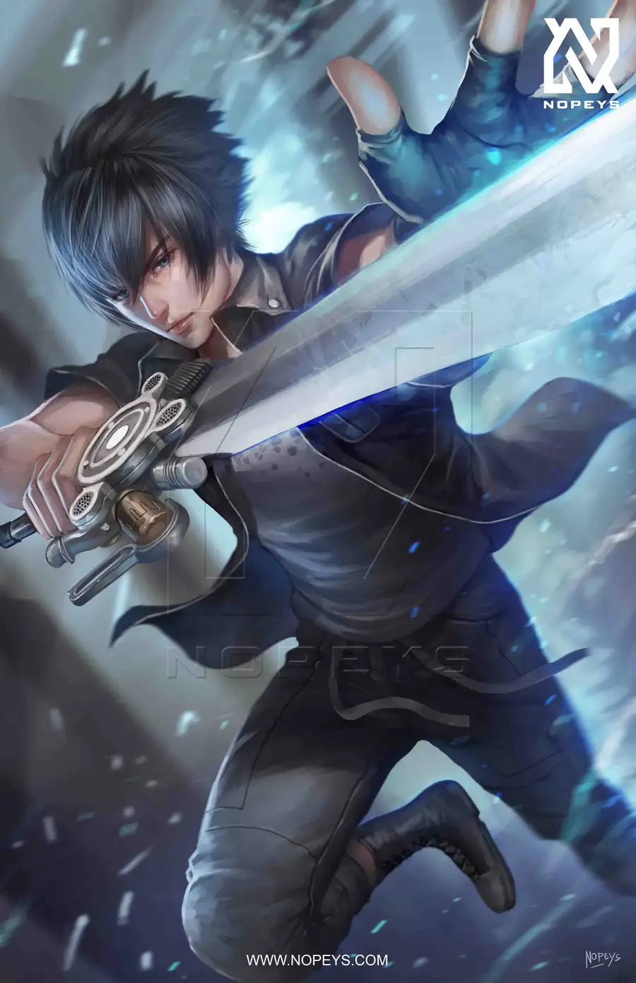 anime-style print of Noctis from FFXV – mid-warp pose with glowing swords and regal aura.