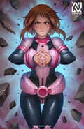  anime-style print of Ochaco Uraraka – floating mid-air in Zero Gravity pose with hero costume.