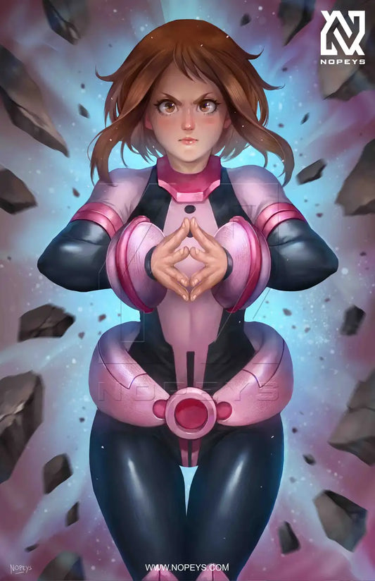  anime-style print of Ochaco Uraraka – floating mid-air in Zero Gravity pose with hero costume.