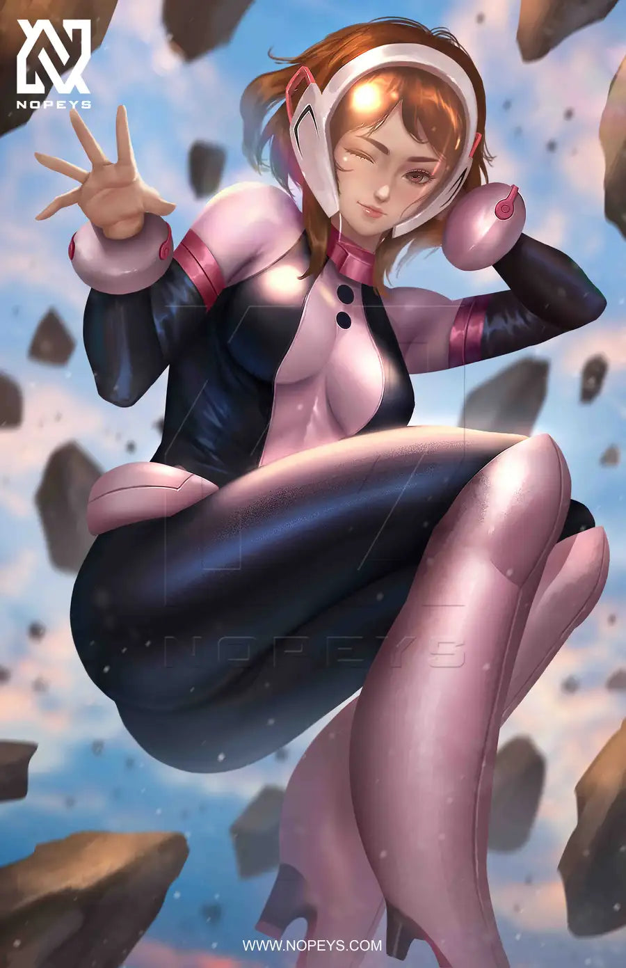 print of Ochaco Uraraka from My Hero Academia – floating in her hero suit, anime-style with uplifting energy.