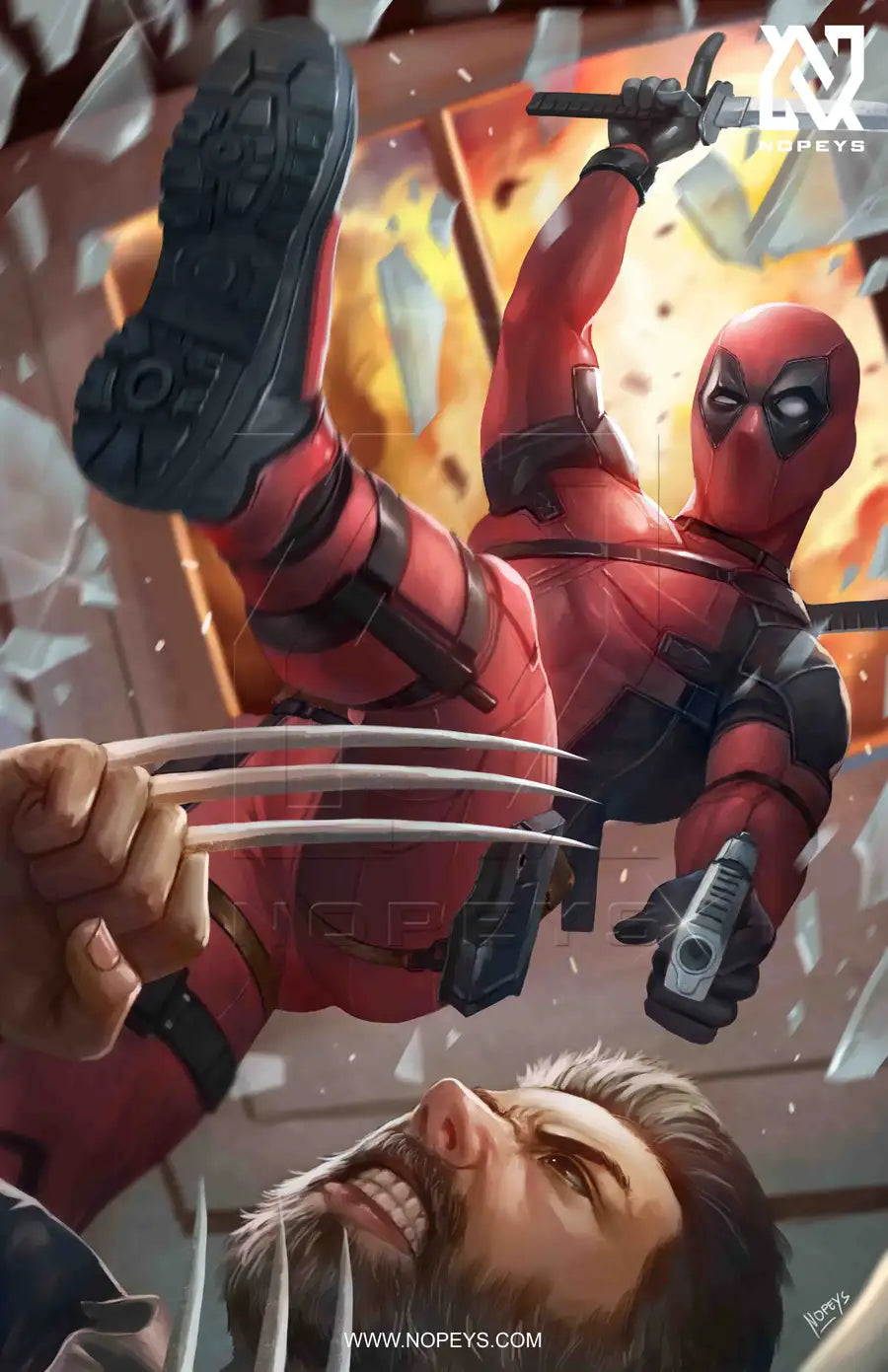 anime-style print of Old Man Logan and Deadpool mid-battle — claws and katanas colliding in gritty motion.