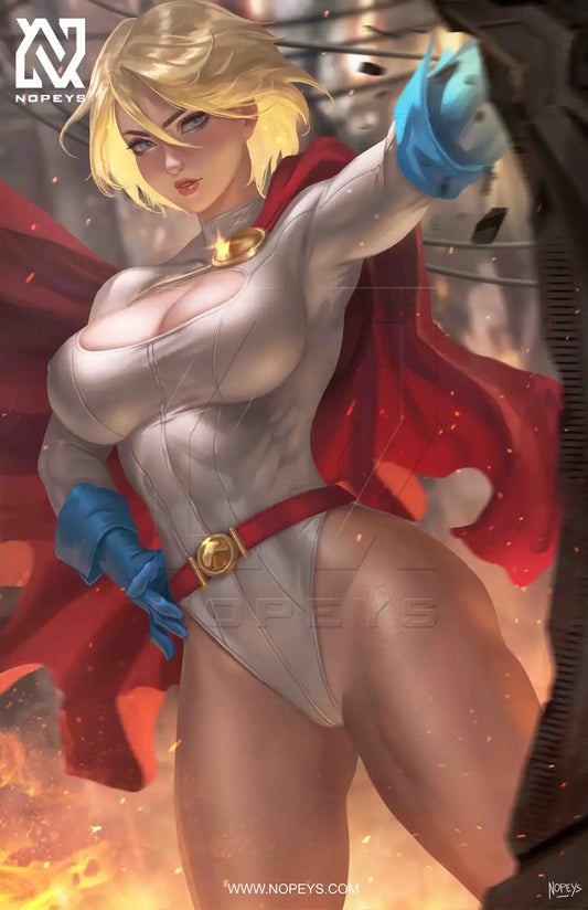 anime-style print of Power Girl – strong stance with cape and confident glare in high-impact design.