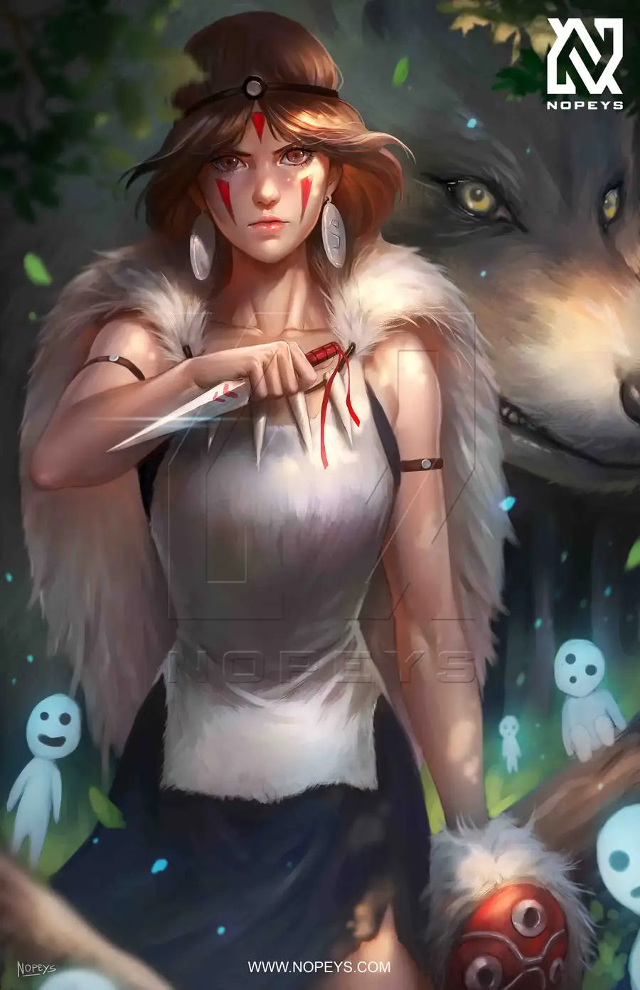  anime-style print of Princess Mononoke – San with mask and blade in battle pose.