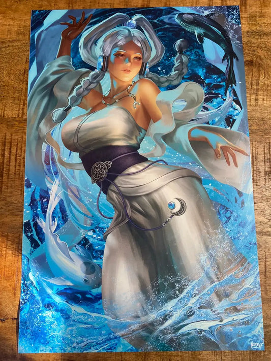 Anime-inspired wall art featuring a white-haired woman with flowing robes under moonlight
