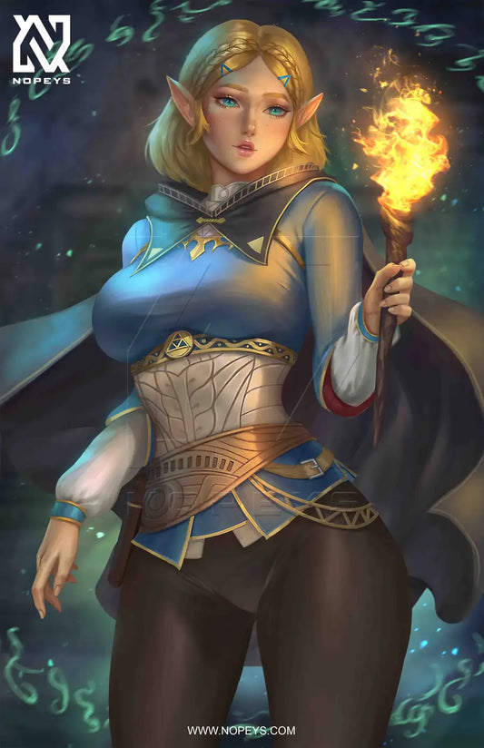 anime-style print of Princess Zelda – flowing gown, glowing Triforce, and divine grace in full detail.