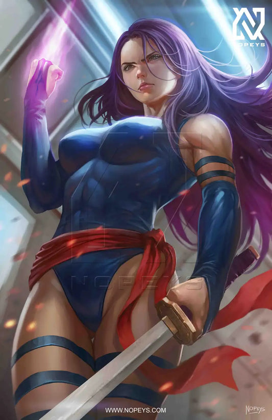  anime-style print of Psylocke – psychic blade in hand, striking combat pose with violet energy.