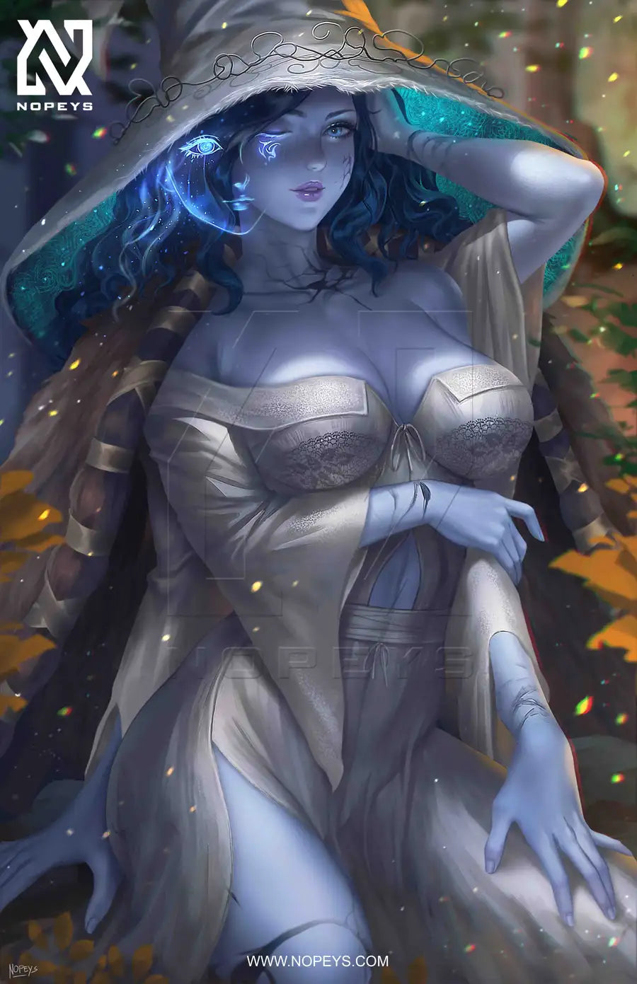 anime-style print of Ranni the Witch – ethereal pose beneath moonlight with glowing blue magic.