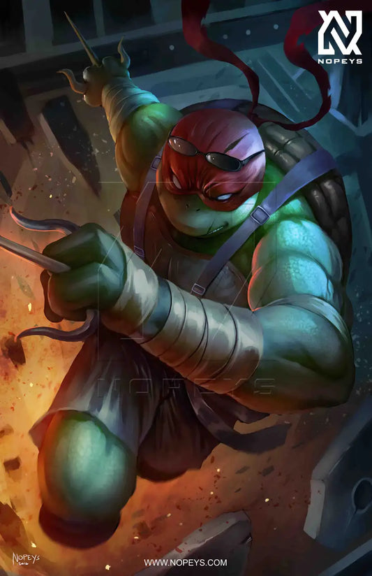 anime-style print of Raphael – armored and battle-ready with sais drawn from TMNT reboot.