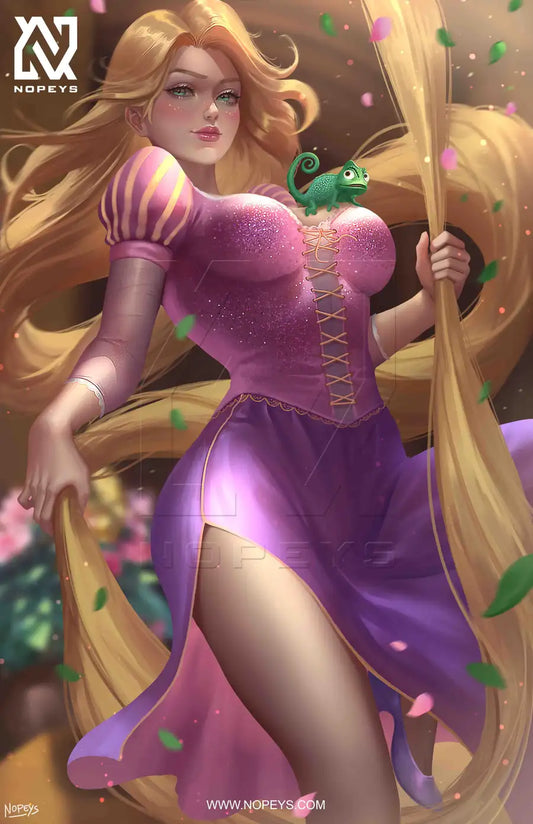 anime-style print of Rapunzel – glowing hair flowing, lantern light shining in fantasy motion pose.
