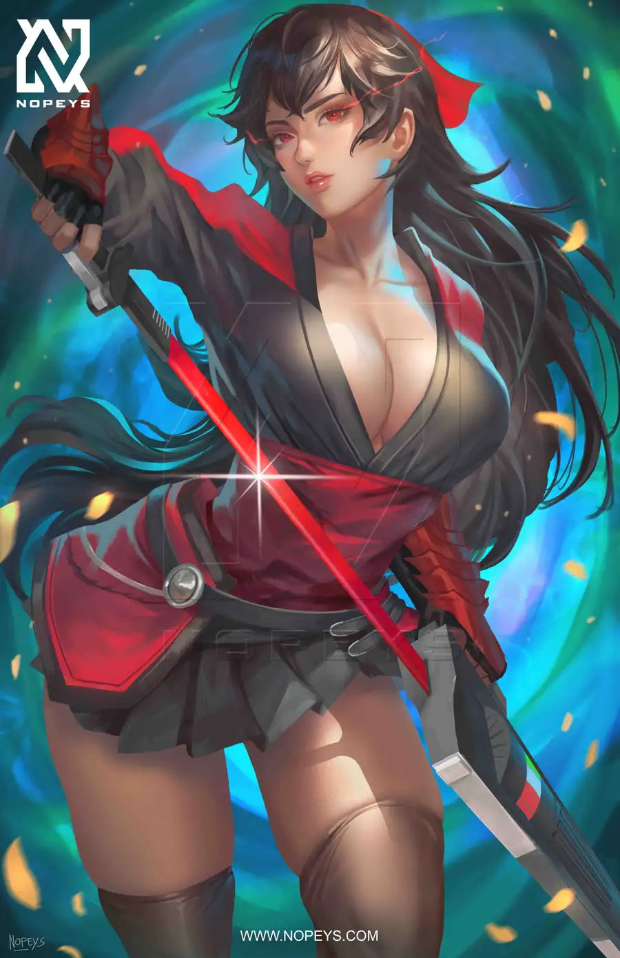 anime-style print of Raven Branwen from RWBY – fierce katana pose with cloak flowing and intense focus.