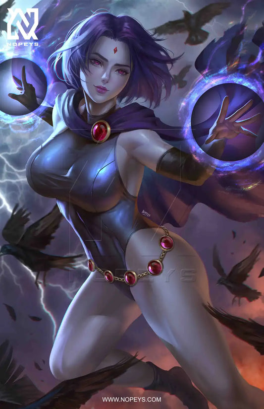 anime-style print of Raven from Teen Titans – floating with eyes glowing and cloak sweeping in mid-air.