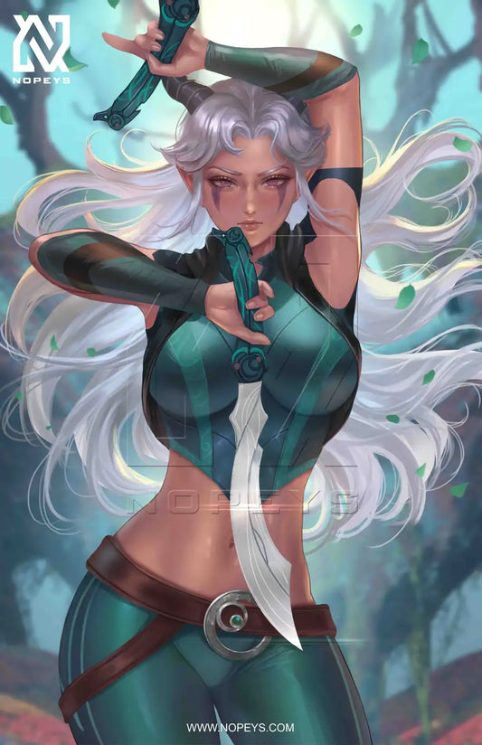 Rayla Moonshadow Elf Wall Art from The Dragon Prince – Fantasy anime-style print featuring Rayla in a stealthy battle stance with high-resolution detail on canvas, acrylic, or metal.

