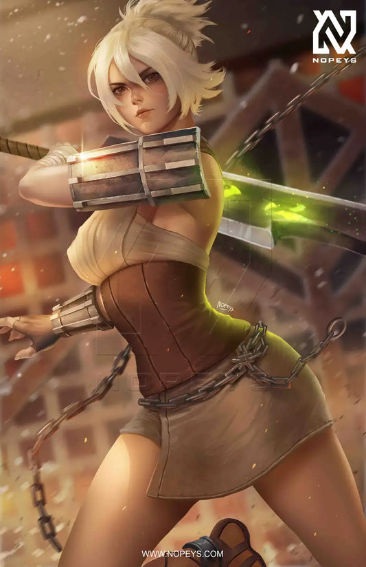 anime-style print of Riven from Wild Rift – broken blade glowing, ready to fight with focused power.
