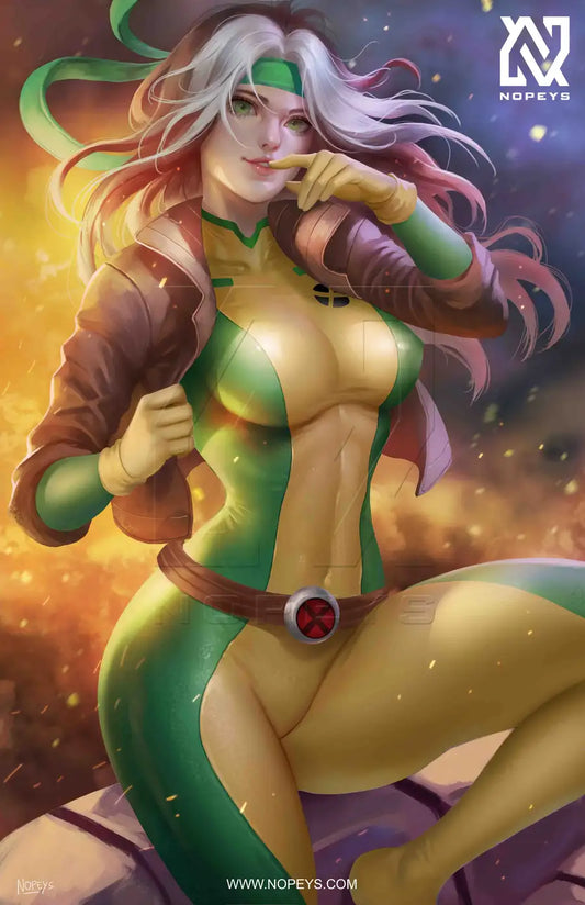 anime-style print of Rogue from X-Men – confident pose with classic outfit and energy-charged aura.