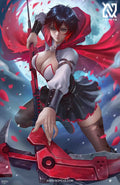 anime-style print of Ruby Rose from RWBY – red cloak flowing and Crescent Rose mid-swing in a battle-ready pose.