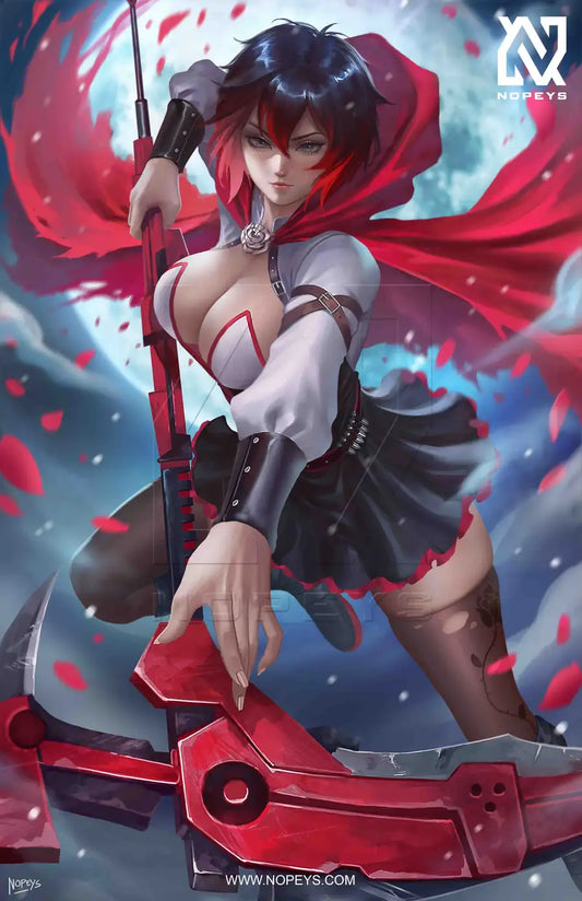 anime-style print of Ruby Rose from RWBY – red cloak flowing and Crescent Rose mid-swing in a battle-ready pose.
