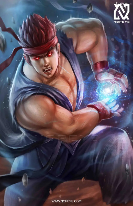 anime-style print of Ryu – mid-Hadouken with red headband, white gi, and powerful stance.