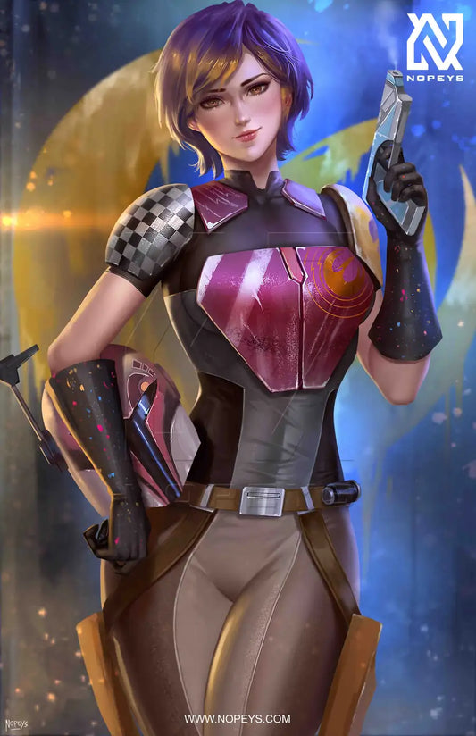 anime-style print of Sabine Wren from Star Wars Rebels – Mandalorian rebel with spray paint and armor.
