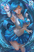 anime-style print of Sailor Mercury – calm, composed battle-ready pose with water aura and blue shimmer.