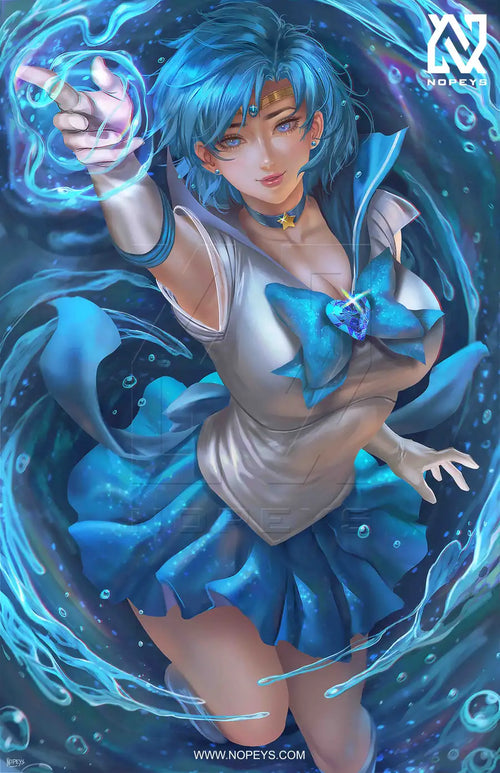 anime-style print of Sailor Mercury – calm, composed battle-ready pose with water aura and blue shimmer.