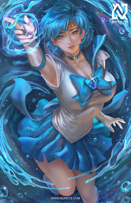 anime-style print of Sailor Mercury – calm, composed battle-ready pose with water aura and blue shimmer.