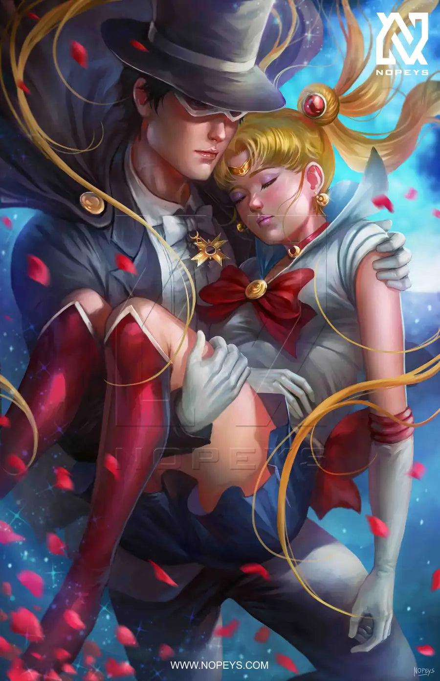 anime-style print of Sailor Moon and Tuxedo Mask – romantic moonlit pose with magical elegance.