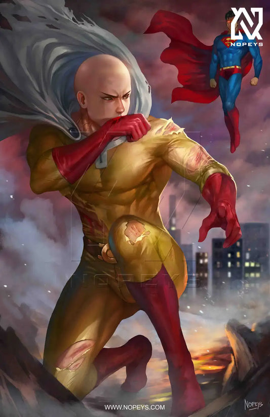 anime-style print of Saitama vs Superman – mid-air punch collision in crossover combat scene.