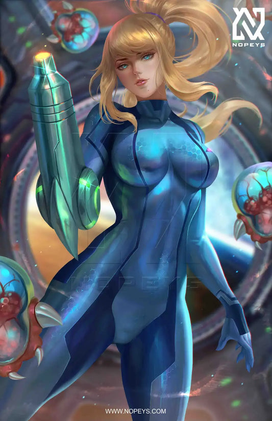 anime-style print of Samus Aran from Metroid – posed in her power suit, ready for battle with cannon charged.