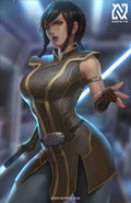 anime-style print of Satele Shan from SWTOR – calm, poised Jedi pose with dual lightsaber and Force aura.