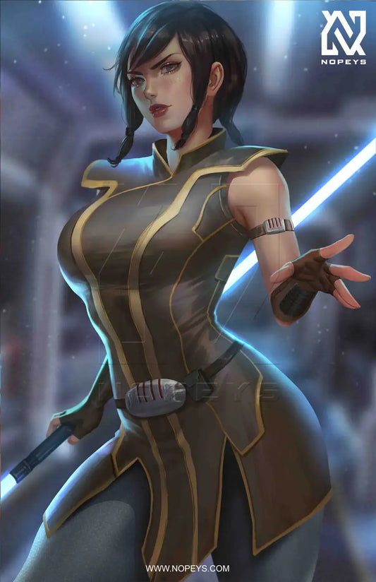 anime-style print of Satele Shan from SWTOR – calm, poised Jedi pose with dual lightsaber and Force aura.