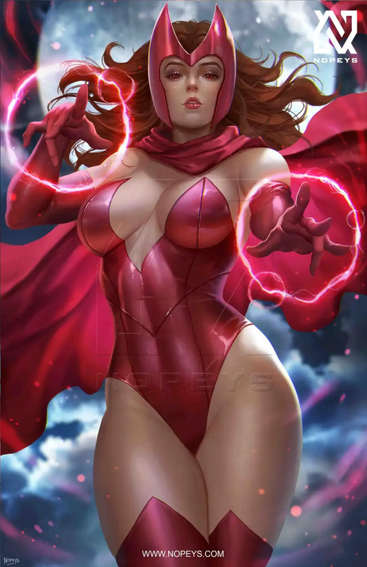  anime-style print of Scarlet Witch – Wanda mid-spell with glowing chaos magic in an intense, magical pose.