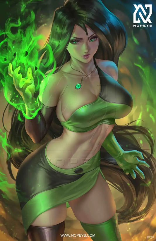 anime-style print of Shego from Kim Possible – glowing hands and signature smirk in mid-action.