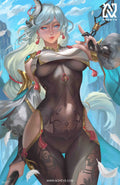 anime-style print of Shenhe from Genshin Impact – calm, graceful Cryo stance with talismans and energy.