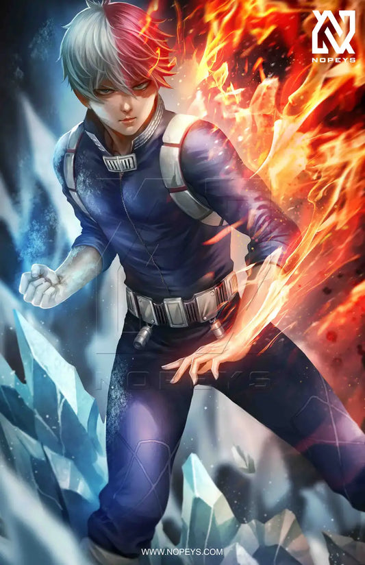 anime-style print of Shoto Todoroki – fire on one side, ice on the other, focused in battle.