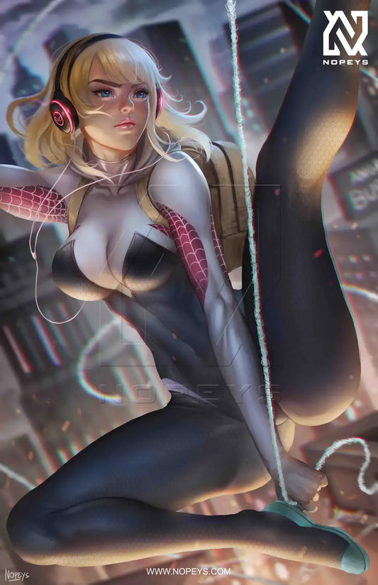 anime-style print of Spider-Gwen – mid-swing with hood up and multiverse energy in motion.