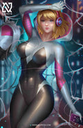 anime-style print of Spider-Gwen – swinging in mid-air with hood up and web lines trailing.
